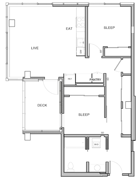 Floor plan for 2 beds, 1 bath, 960 sqft